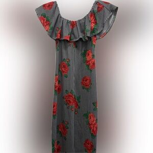 One-Shoulder Black & Red Rose Maxi Dress